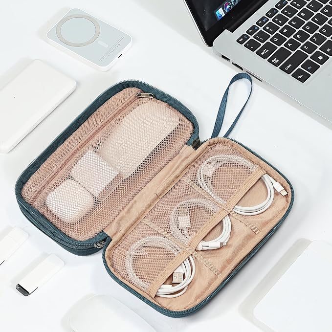 NISHEL Electronics Travel Organizer Cord Case, Charger Cable Tech Bag | Double-layer bag keeps chargers, cables, flash drive, and small tech essentials organized for trip, Medium, Lake-Blue