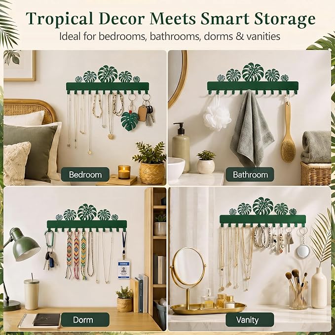 Hicarer 2 Pack Monstera Leaf Necklace Holder Wall Mount with 24 Hooks Adhesive Metal Plant Hook Boho Wall Decor Jewelry Organizer for Earrings Bracelets Rings Keys Bedroom Bathroom Dorm
