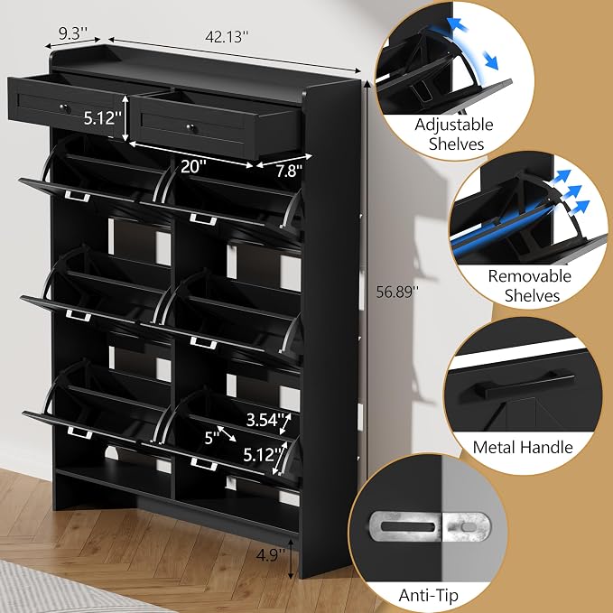 Thacuok Shoe Cabinet with 6 Flip Drawers & 2 Storage Drawers, Rustic Farmhouse Narrow Shoe Organizer Cabinet, Slim Shoe Rack Cabinet, Shoe Storage Cabinet for Entryway, Hallway, Front Door