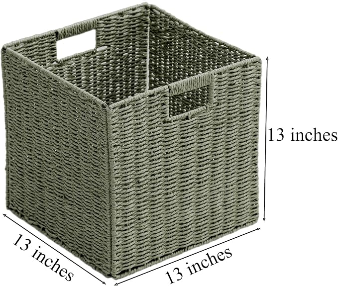 Handwoven Paper Woven Cube Basket Organizer with Handles set of 4 Foldable Storage baskets for Bedroom Living Room Cubby Storage Units for Clothes Books Toys (Green, 13" L x 13" W x 13" H)