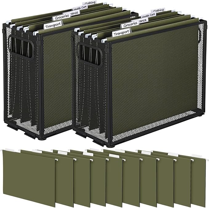 2 Pack Hanging File Holder, 10 Hanging Folders, Metal Mesh, Letter Size Folder Storage, Desktop Storage Cabinets, Office School Document(Green,Small)