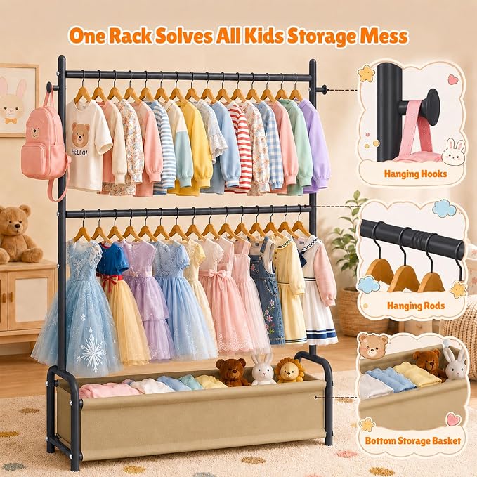 Kids Clothing Rack with Double Rod, Storage Basket & Hooks, Height Adjustable Kids Clothes Rack, Portable Baby Dress Up Garment Rack for Princess Dresses, Black
