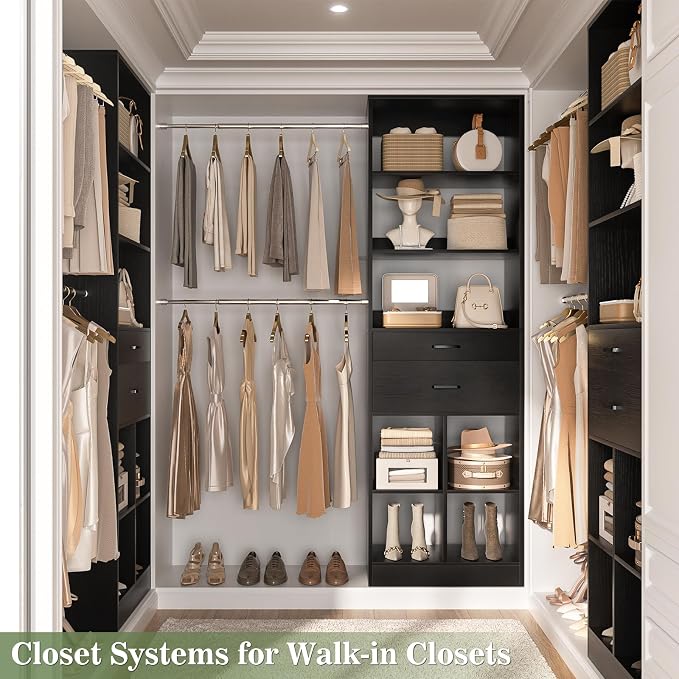 Besiost Closet System, 4-8 FT Closet Organizer Systems with 2 Wooden Drawers and 5 Hanging Rods, Can Fit 60 to 96 inch Walk-in Closet System, Black