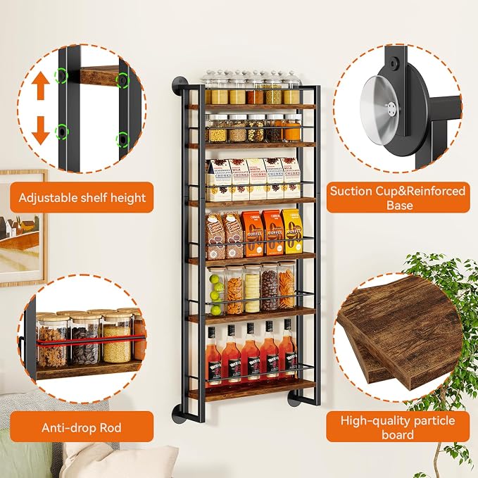 IBUYKE Over the Door Spice Organizer,Door or Wall Mount,Brown TLJ028H | 6 Tier Wall Mounted Spice Rack Adjustable Hanging Storage Shelves Spice Organization for Kitchen cabinet Bathroom Closet