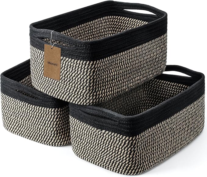 3-Pack Shelf Baskets for Organizing, Closet Organizer Bins, Small Woven Baskets, Rope Toy Basket, Storage Basket for Shelves, Cube Decorative Box, 11.8×7.8×5.1”, Black Brown