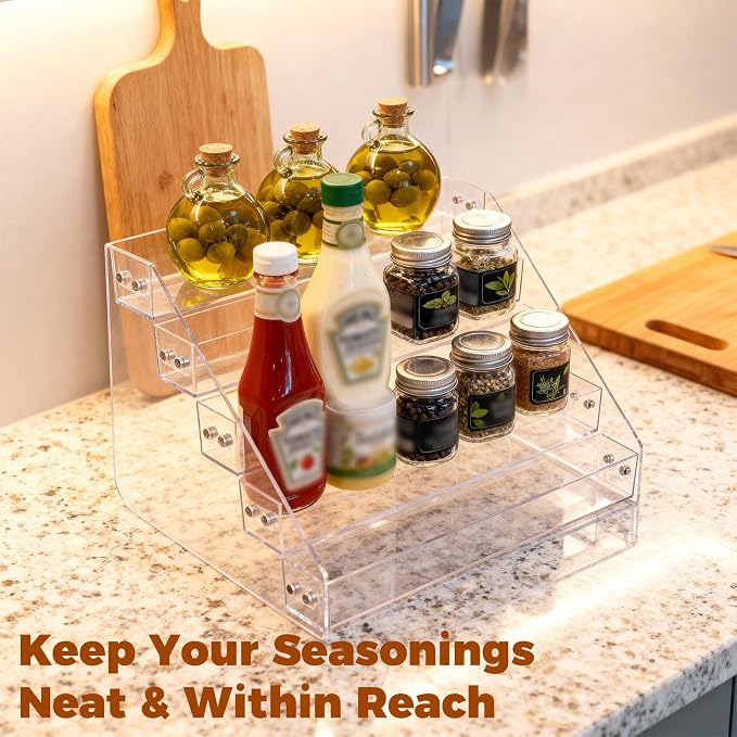 12" Acrylic Display Shelf 5 Tier Clear Spice Rack Organizer Stand | Risers Tiered, Countertop Cabinet, Pantry Kitchen, Storage, Lightweight Compact, for Kitchen Organization, Multi Purpose Tool