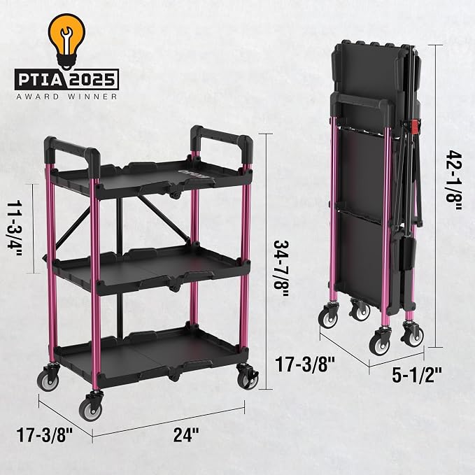 WORKPRO 3-Tier Collapsible Service Cart, Black/Pink, 210 LBS Foldable Utility Cart with Wheels, Portable Rolling Tool Cart for Garage, Warehouse, Home, Restaurant and Office (No Assembly Required)