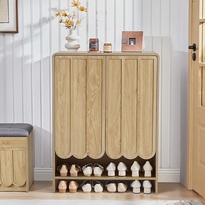 ORRD Shoe Storage Cabinet with Scalloped Doors, 5-Tier Wooden Shoe Cabinet with Adjustable Shelves, Shoes Rack Storage Organizer for Entryway, Hallway, Living Room, Natural