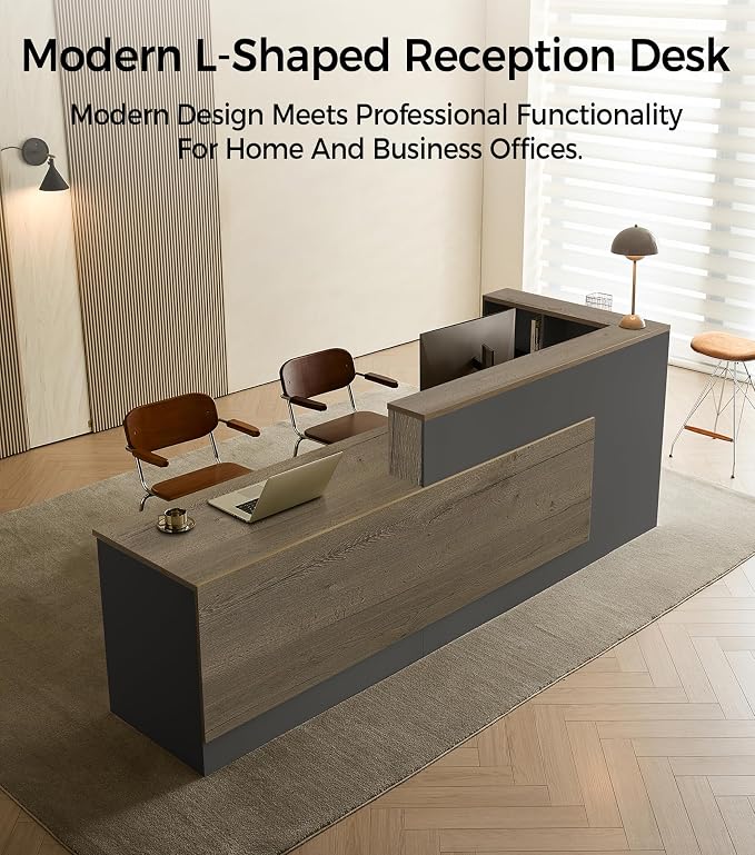 Modern L-Shaped Reception Desk with Counter - 71 Inches Front Desk with Storage Cabinet, Open Shelves, Lockable Drawer & Keyboard Tray for Office, Lobby, Checkout (Tobacco Wood & Iron Gray - Left)