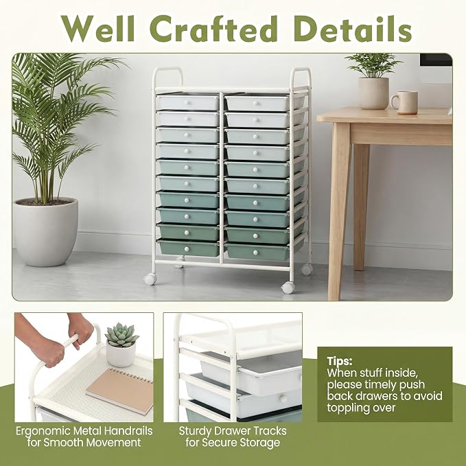 COSTWAY 20-Drawer Rolling Storage Cart, Utility Storage Organizer Cart | For Tools, Scrapbook, Paper, Craft, Multipurpose Storage Trolley on Wheels for Home Office School (Green Gradient)
