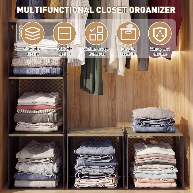 AceOrbit 3 Pcs Widened Stackable Closet Organizers and Storage with Wood Foldable Top Metal Cube Closet Shelf DIY Space Saving Linen Cloth Shoe Bed Sheet Bin for Wardrobe Bedroom (12"x12"x12", Lights)