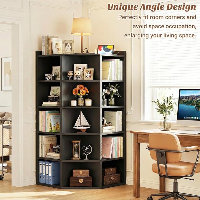 Aheaplus Corner Cube Book Shelf, 6-Tier Corner Cabinet with Power Outlets, Corner Cube Storage Shelf with Top Table, Wooden L Shaped Cubby Bookcase for Home Office, Bedroom, Living Room, Black