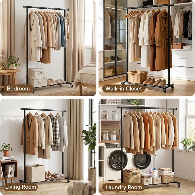 Clothes Rack, Clothing Rack for Hanging Clothes, Rolling Clothes Garmen Rack Coat Rack Portable Wardrobe Rack Metal Closet Rack for Bedroom Laundry Living Room, Black