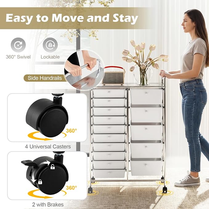 DREAMADE 15-Drawer Rolling Storage Cart, Mobile Craft Cart, White | Utility Organizer with Lockable Wheels, Removable Plastic Drawers and Metal Frame for Home Office, Classroom and Studio