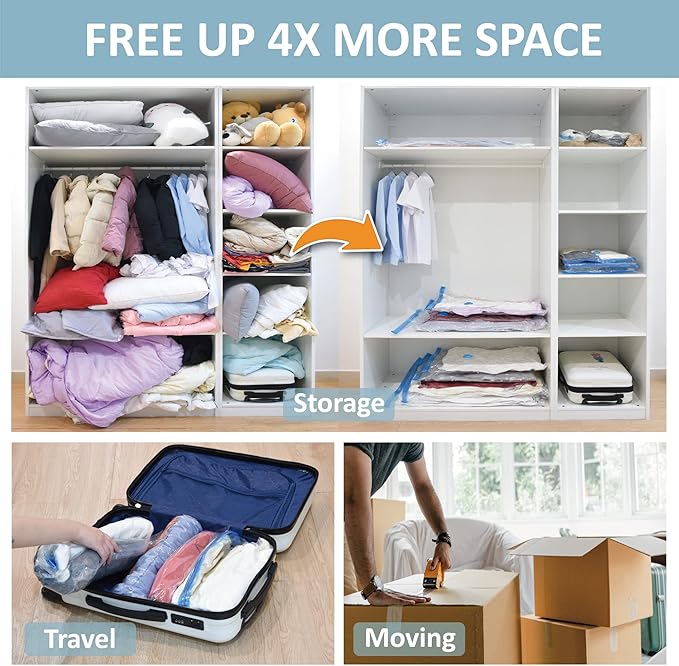 Cozy Essential Vacuum Storage Bags, 80% Compression Vacuum Seal Space Saver Plastic Packaging Bags for Clothes, Blankets, Pillow, Bedding, Comforters, Sealer Clothing Storage,8 Combo