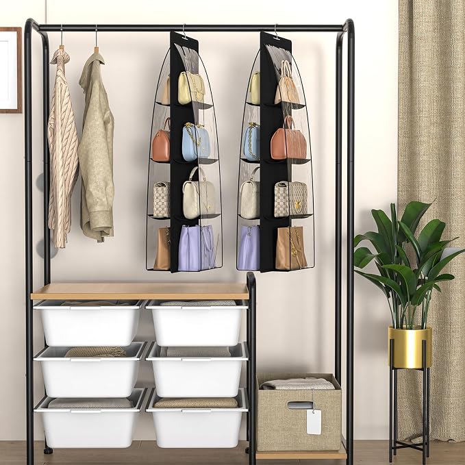 2 Packs 8 Pockets Black Handbag Hanging Purse Organizer for Closet, Purse Storage, Purse Hanger and Handbag Organizer for Space Saving