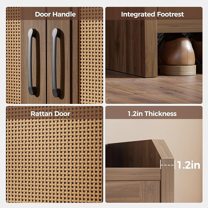 Mericonia Shoe Cabinet Storage for Entryway, Natural Rattan Storage Cabinet, Wooden Shoe Rack, Farmhouse Boho Wood Shoe Organizer Cabinet for Hallway Walnut