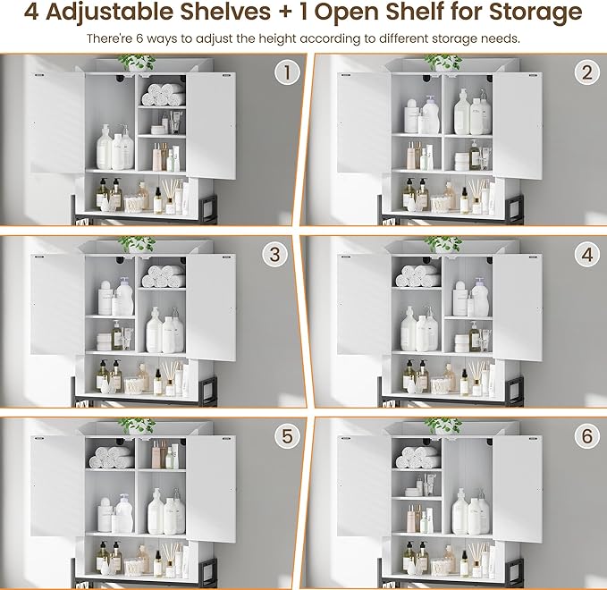 Memobarco Over The Toilet Storage Cabinet with 2-Door & Metal Stand, White | Toilet Paper Holder, 3 Extra Hooks, Anti-Tipping Device, With Adjustable Shelves, for Bathroom, Restroom, Laundry