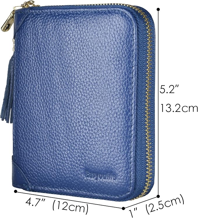 Easyoulife Womens Credit Card Holder Wallet Zip Leather Card Case RFID Blocking (Dark Blue)