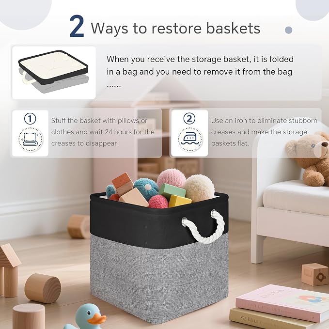 FinishingBo Fabric Cubes Storage Basket, 6 Pack 11x11 in with Handles Cube Storage Bins, for Shelves, Home, Office Organizers (Black/ Gray)