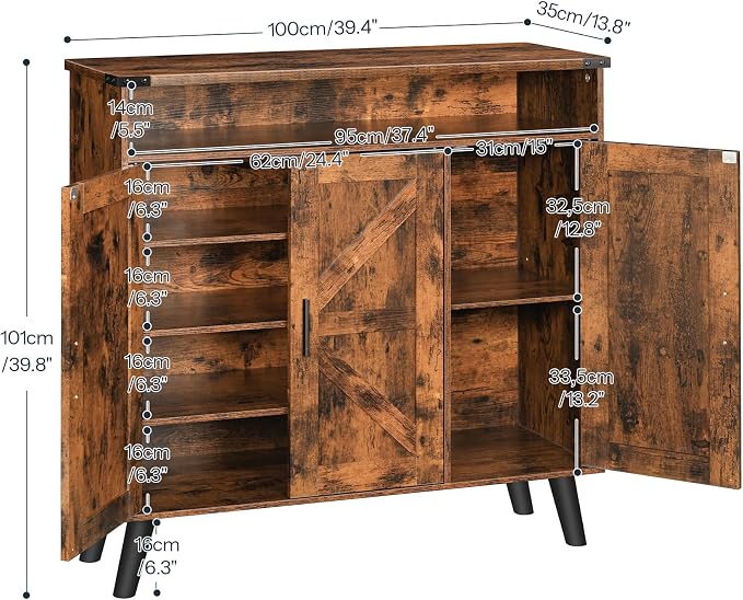 HOOBRO Shoe Cabinet for Entryway with 3 Doors, 39.4" Wooden Shoe Storage Cabinet, Large Capacity Organizer for Closet & Hallway, Freestanding, Rustic Brown FG20SC01