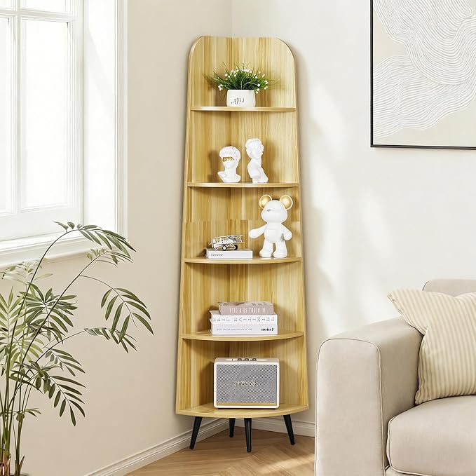 VECELO 5-Tier Curved Corner Shelf, 66.93" Tall Freestanding Corner Bookshelf, Wood Grain Narrow Corner Storage Display Rack with Wooden Legs for Living Room Bedroom Small Space, Natuarl Wood