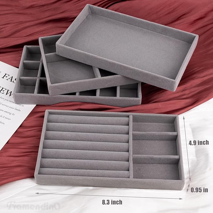 Framendino, 4 Pack Grey Velvet Jewelry Trays Stackable Organizer Drawer Inserts Container Display Case for Bracelets Necklaces