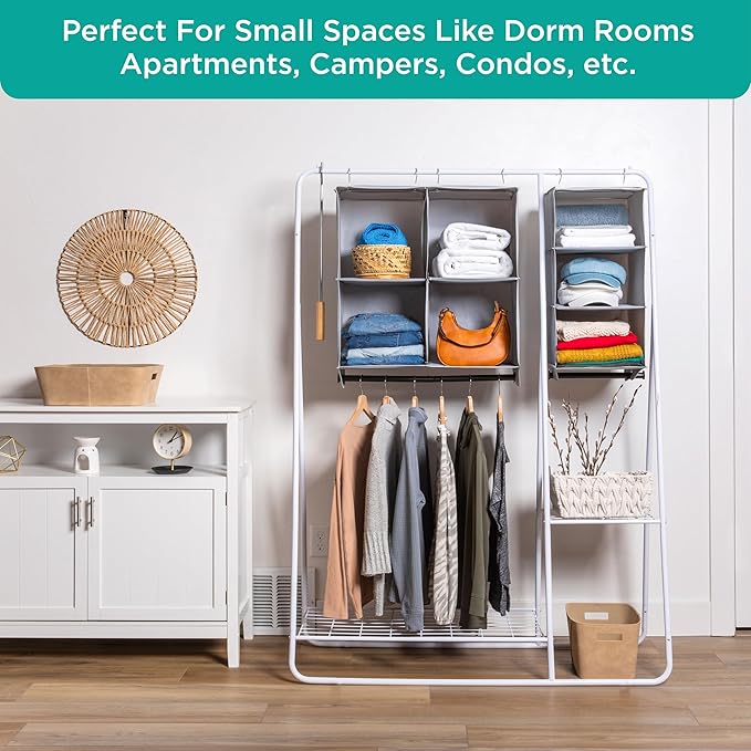 HOLDN’ STORAGE Hanging Closet Organizer with Garment Rod – Heavy Duty 4-Shelf Hanging Shelves for Clothes, Sweaters & Shoes, Reinforced 600D Fabric Storage Unit with Built-in Clothing Rod, Grey