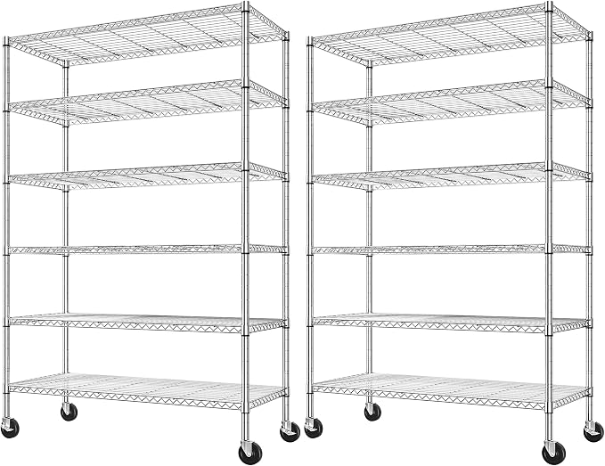 Romorgniz 82" H X45 W X18 D Storage Shelves with Wheels, 6 Tier Wire Shelving Adjustable Metal Shelving Pantry Shelves Capacity 1200LBS for Garage Shelving, Pantry, Kitchen, Commercial, Chrome，2P