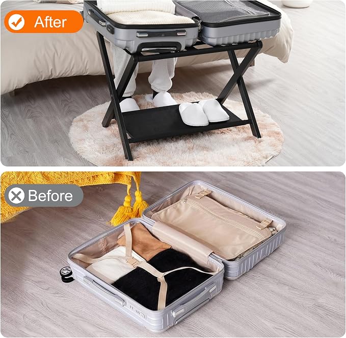 Heybly Luggage Rack, Pack of 2, Folding Suitcase Stand with Storage Shelf, Heavy-Duty Luggage Holder for Guest Room Bedroom Hotel, Holds up to 165 lb,Black, HLR010B2