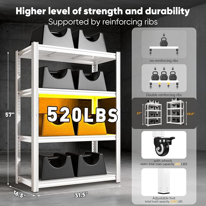REIBII Adjustable Rolling Storage Shelve for Kitchen Pantry Closet Boutique | 2080 LBS capacity,59.8" H x 31.5" W x 16.5" D,4 Tier,White,Solid metal panels,360°wheels with lock,Boltless 10min assembly