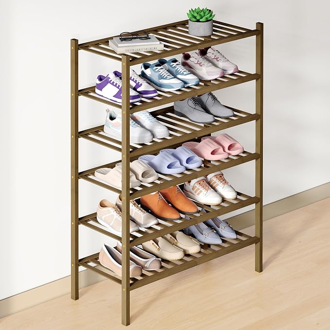 Smiry Bamboo Shoe Rack for Closet, 6 Tier Wooden Shoe Organizer, Stackable Wood Shoe Storage Shelf for Entryway, 14 Vertical Slats, 3+3 Stack Heavy-Duty Legs, 26.77"x11.02"x36.61", Walnut