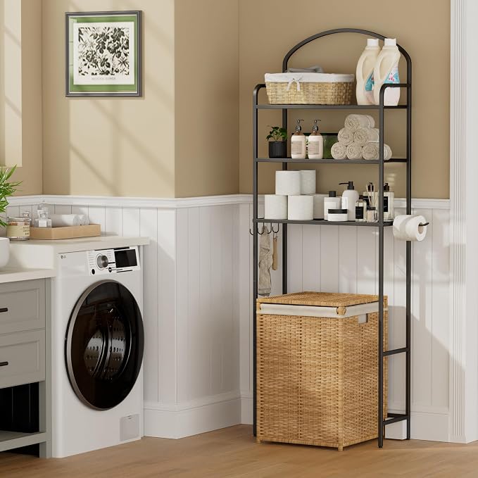 3 Tier Over The Toilet Storage Rack, Bathroom Organizer | Toilet Storage with 4 Hooks & Paper Holder, Space-Saving, Freestanding Bathroom Shelf, Metal, Black