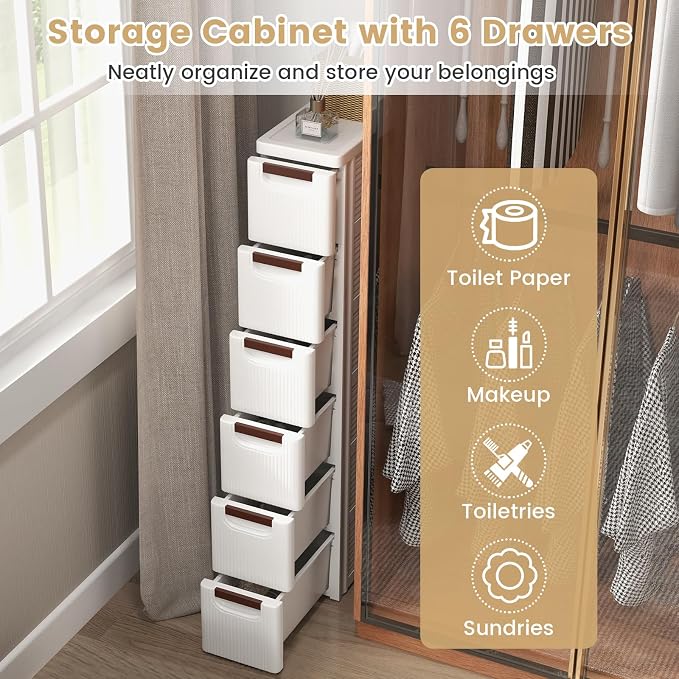 LOKO 6-Drawer Narrow Storage Cabinet, Slim Rolling Cart (7.5"x16.5"x43") | Mobile Plastic Cart Container | Pull Handles & Built-in Wheels | For Living Room, Kitchen, Bathroom, Office