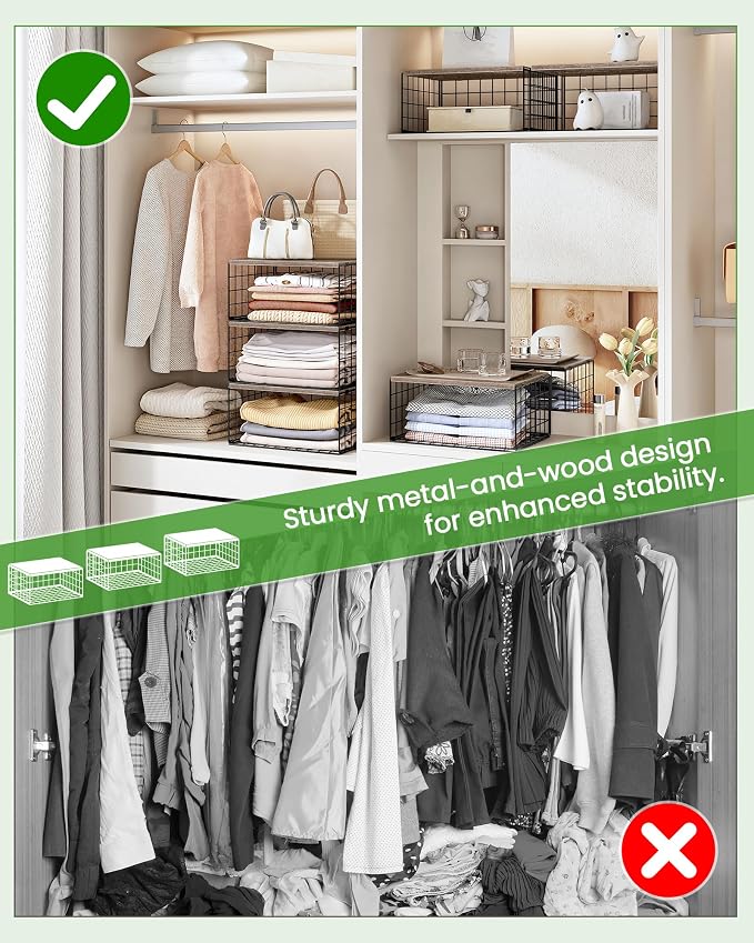 CHOEZON 3-Tier Stackable Closet Organizers and Storage, Closet Shelves Storage Bin Baskets with Wooden Upper Surface, Clothes Storage Cubes for Wardrobe and Closet Organization, Greige and Black