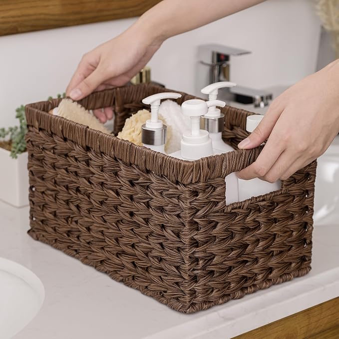 GRANNY SAYS Wicker Storage Baskets for Shelves, Wicker Baskets for Organizing, Waterproof Woven Basket for Pantry, Rectangle Basket for Shelf, Brown, 2-Pack