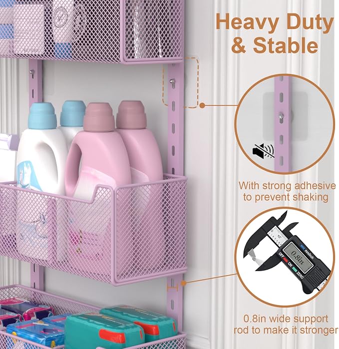 VyGrow Over The Door Organizer, Metal Door Organizer Hanging with 5 Adjustable Baskets and Coat Hook, Behind The Door Storage for Bedroom Closet Bathroom Pantry Cabinet Kitchen, Purple