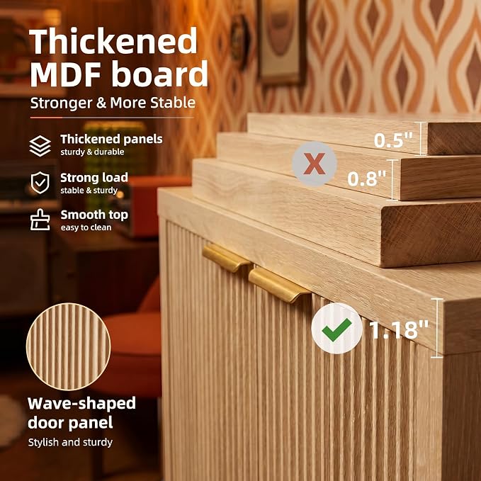 Shoe Cabinet, 5-Tier and 3 Doors Shoe Storage Cabinets with Fluted Doors and Adjustable Shelves, Thickened Wood Freestanding for Entryway, Hallway, Closet, Organizer Rack, Natural Oak JBSC003N