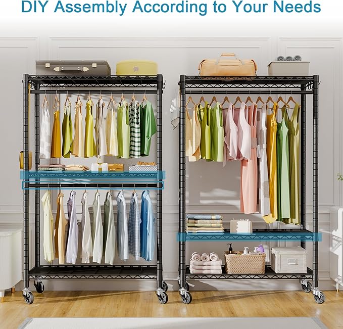 FUTASSI P3 Rolling Clothes Rack, Clothing Racks for Hanging Clothes, Heavy Duty Garment Rack with Wheels, Freestanding Portable Closet Racks 39.4'' W x 14'' D x 78.5'' H, Max Load 470 LBS, Black