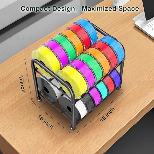 2-Tier Metal Filament Rack, 24 Spool Storage, Under Desk Cart for Workshops | Adjustable 2-tier Shelves Fit 250g-1KG Spools, Sturdy Metal, 33lb/shelf, 4 Swivel Wheels,Tool-Free Install