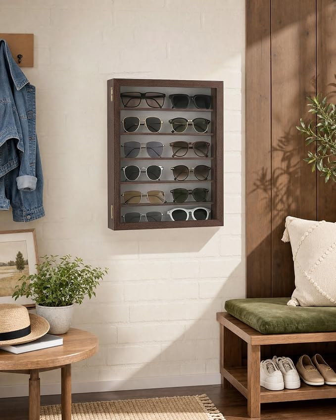 TJ.MOREE Sunglass Organizer Wall Mounted Glasses Holder Display Case 6 Tier | 13 x 15.6 inches Wooden Storage Box for Multiple Pairs Eyeglasses Sports Sunglasses