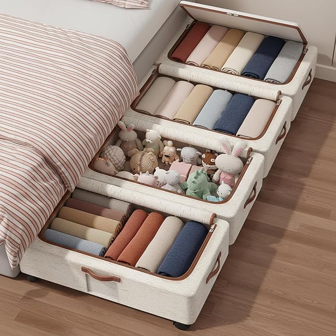 Under Bed Storage Organizer with Wheels - 2 Pack Large Foldable Underbed Drawer with Handle Side Clear Zipper Lids Waterproof Storage Bin Toy Shoe Cloth Container for Nursery Bedroom Home Dorm