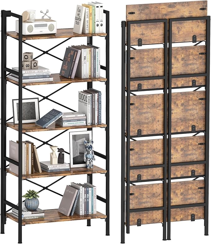 Homeiju Folding Bookshelf,5 Tier Bookcase Foldable Shelf with X-Bracket Design, Adjustable Feet, Space Saving Storage for Living Room, Office, Rustic Brown