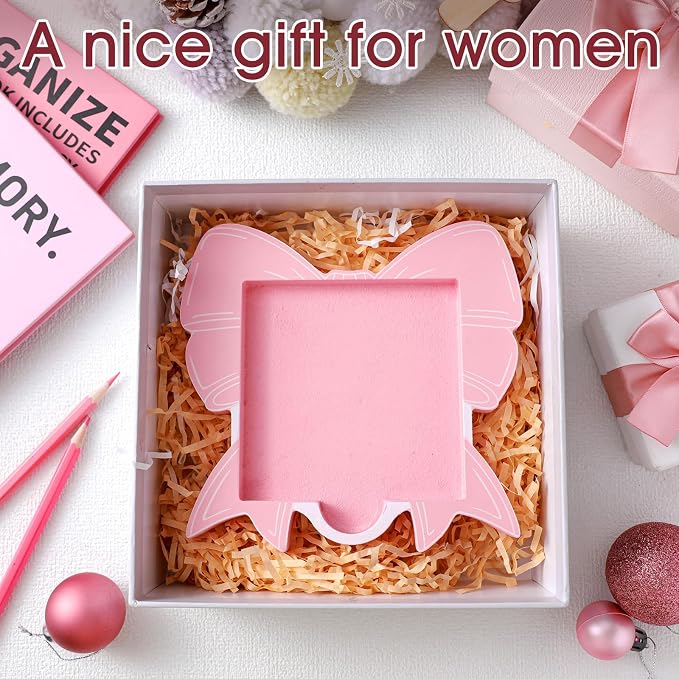 Pink Bow Sticky Note Holder Large Wood Notepad Dispenser 3 x 3 Sticky Notes Organizer Cute Self Stick Memo Pad Holder for Desk Office Back to School Gift, No Pads Included