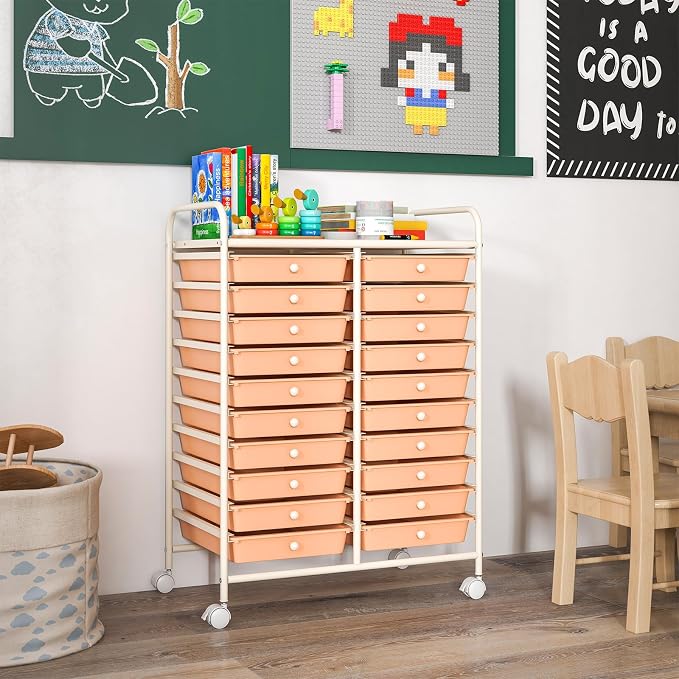 DREAMADE Rolling Cart with Storage Drawers, Utility Cart w/Removable Plastic Drawers, Lockable Wheels, Art Cart for Classroom Organization Art Supplies Office Scrapbook (20 Drawers, Peach)