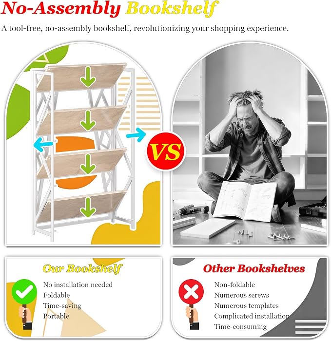 UDD No Assembly Wide Folding Bookshelf, 50.8" H x 30.9" W, 4 Tier Foldable Book Shelf Industrial Bookcase, Vintage Collapsible Storage Shelves for Home Office Living Room Bedroom, Light Oak White