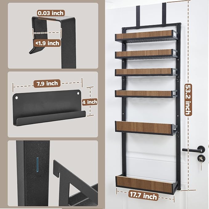 Fulifix Over The Door Pantry Organizer with Solid Wooden Baskets, 6-Tier Pantry Door Organizer Wall Mount, Metal Hanging Spice Rack Organization and Storage for Home, Kitchen, Cabinet
