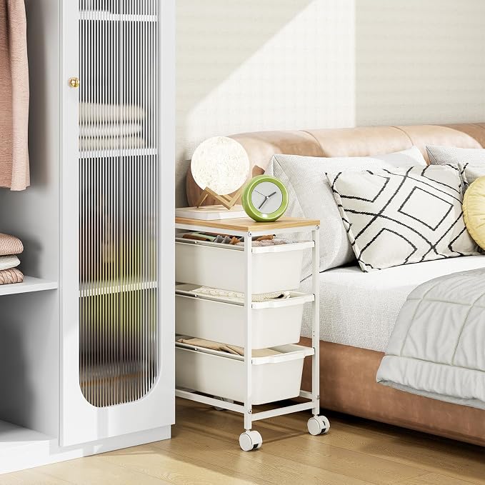 Slim Rolling Storage Cart with 3 Drawers, Craft Organizer, Wooden Tabletop Utility Cart for Bedroom, Children's Room and Office Organization, Under Desk Trolley with Lockable Wheels,White