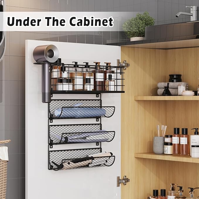 Wall-Mounted Hair Dryer Holder Styling Tool Organizer 4-Shelf Storage Wire Basket with Hook Heat Safe Rack for Hair-Straighteners,Curling Wands,Flat Iron,Perfume,Cabinet Door Bathroom Kitchen
