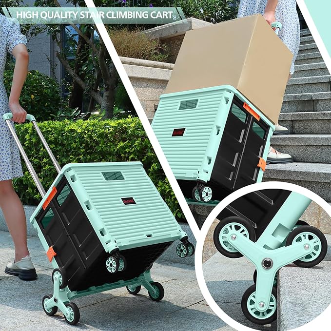 SELORSS Foldable Utility Cart Collapsible Crate Rolling Carts with Stair Climbing Wheels Rolling Tote Basket Teacher Cart with Lid Wear-Resistant 360°Rotate Wheel Noiseless for Shopping Grocery Office